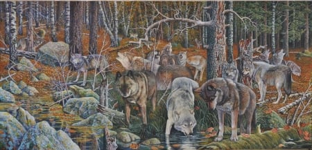 Wolves - wolf, pack, forest, zago, lup, pictura, painting, za go, art