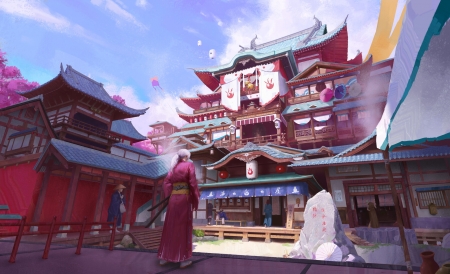 The temple - art, fantasy, guoxiang qin, man, pink, samurai, temple, white, world