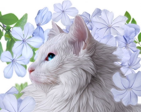 Cat - blue, vanesa andreeva, eyes, spring, flower, cat, frumusete, fantasy, primavara, white, pisici, art, luminos