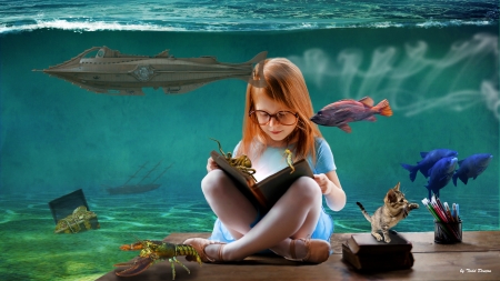 The Adventure Begins by Reading - reading, adventure in reading, Read, wallpaper, girl, setting girl legs crossed, girlreading, kittenplaying, books, childrenswallpaper, girl with glasses, fish, red haired girl, lobster, submarine