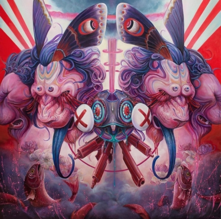 :) - art, cat, surreal, pink, painting, butterfly, fantasy, pesti, red, pictura, hannah yata, fish