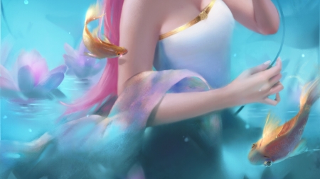 Lotuses and fish - blue, hand, yu shumei, summer, pink, fantasy, pesti, detail, fish, water, vara, lotus