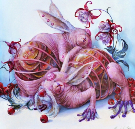 Minesweepers - blue, art, surreal, bunny, pink, painting, fantasy, pictura, hannah yata, rabbit