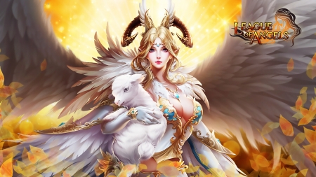 Angel - game, yellow, girl, angel, league of angels, lamb, frumusete, fantasy, white, sheep, wings, luminos