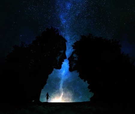 ♥ - black, lovers, stars, girl, zaina, fantasy, face, sky, luminos, silhouette