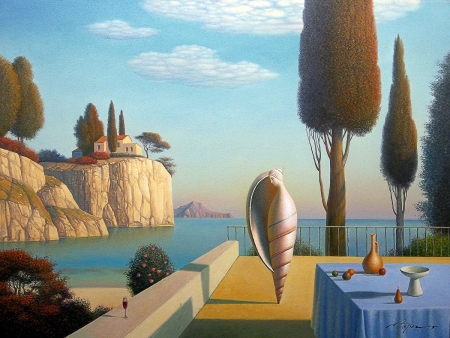 Calm afternoon - art, evgeni gordiets, painting, pictura, shell, summer, tree, vara, water