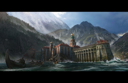 Fortress - sea, boat, fantasy, xavier minguell, world, luminos, fortress, water