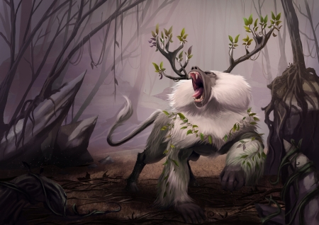 Guarddian of the forest - maimuta, forest, creatura, monkey, frumusete, fantasy, shawn lim, guardian, art, luminos