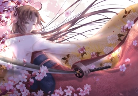 Samurai girl - anime, sakura, girl, sword, spring, pink, samurai, wid, manga, katana