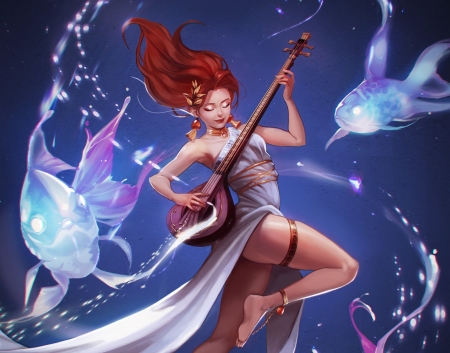 Bard - water, summer, blue, girl, instrument, redhead, pesti, uzu shin, fish, vara