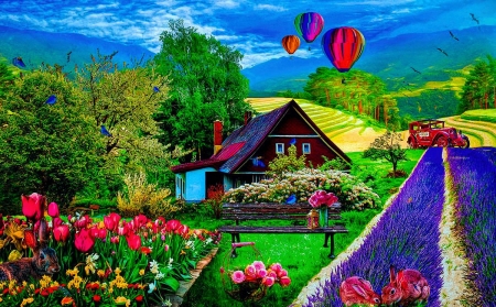 It's Springtime - flowers, countryside, tulips, fields, balloons, art, cottage, sky