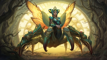Arachne Fae Mantis - blue, fantasy, smite, yellow, game, anna christenson, girl, arachne fae mantis