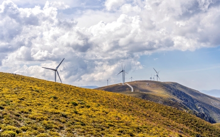 Wind Turbines in Portugal - clouds, Portugal, hills, wind turbines