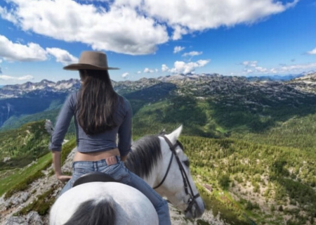The girl and the horse - girl, gras, hat, horse, mountain