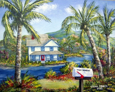 Two Paradise - Hawaii, mail box, water, tropical, palm trees