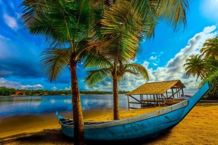 Blue Over Blue - clouds, palms, water, boat, sky, pier, Beach