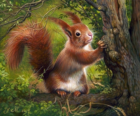 Squirrel - art, green, painting, pictura, red, squirrel, veverita, yana movchan