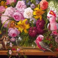 Still life with parrots and squirrel