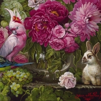 Still life with parrots and bunny