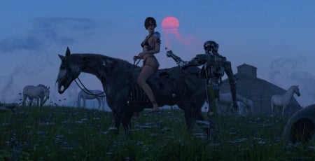 Shadow of the sun - creature, fantasy, shuo shi, girl, art, horse, luminos, robot