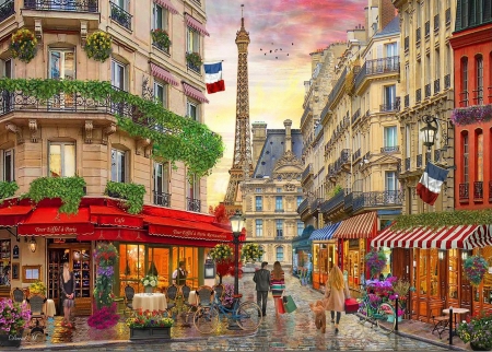 Paris Rendezvous - street, digital, artwork, houses, eiffel tower, restaurant