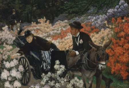 :) - donkey, girl, flower, man, pictura, painting, woman, james tissot, garden, couple, art, park