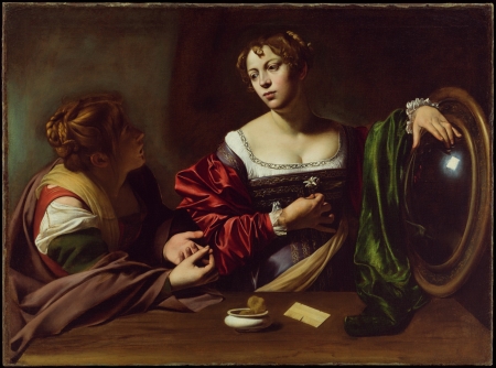 Martha and Maria - maria, martha, girl, pictura, mirror, painting, caravaggio, couple, art