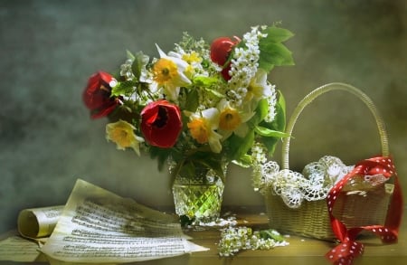 ♥ - flowers, basket, still life, red