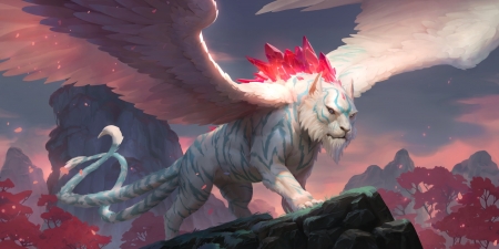 Legends of Runeterra - blue, legends of runeterra, pink, tiger, creature, fantasy, white, wings, tigru, luminos