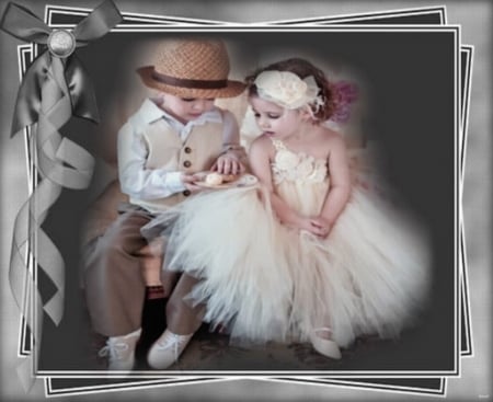 Couple of children - ribbon, dessert, frame, Couple of children