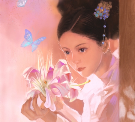 Lily - feng chang, flower, pink, lily, fantasy, flowe, hand, face, art, luminos