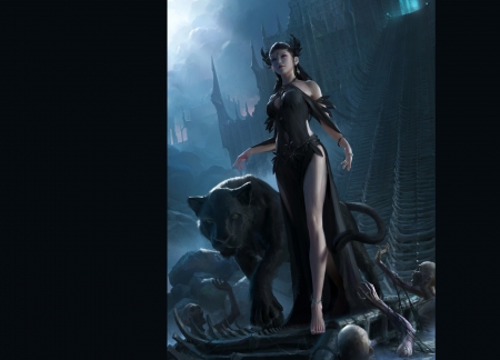Fantasy girl - blue, night, jin wang, black, guardian, black panther, cat, girl, fantasy, pisici, luminos