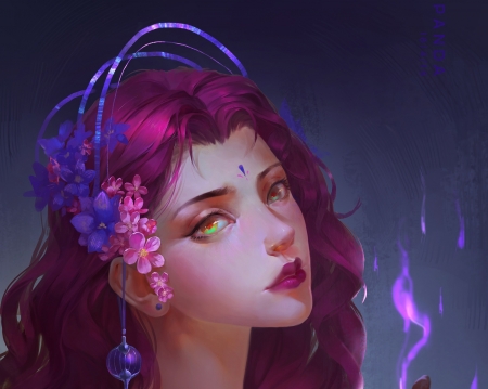 Beauty - blue, frumusete, art, miao zhang, gorgeous, girl, zmpanda, zm panda, superb, pink, earrings, fantasy, flower, face, luminos