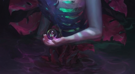 Monstera (detail) - art, monstera, hand, purple, butterfly, fantasy, detail, aizelkon, green, bubble, luminos