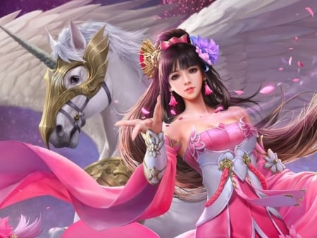 Fantasy girl - girl, pegasus, pink, superb, fantasy, white, gorgeous, wings, unicorn, luminos