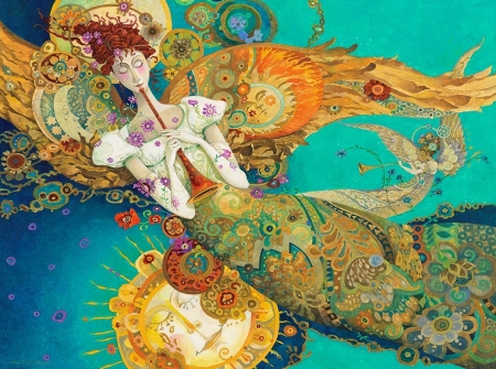 Mermaid - blue, flute, mermaid, art, girl, summer, instrument, painting, fantasy, yellow, water, siren, david galchutt, vara