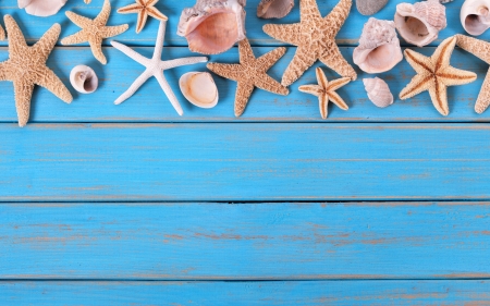 Happy Summer! - blue, card, shell, starfish, summer, vara, wood