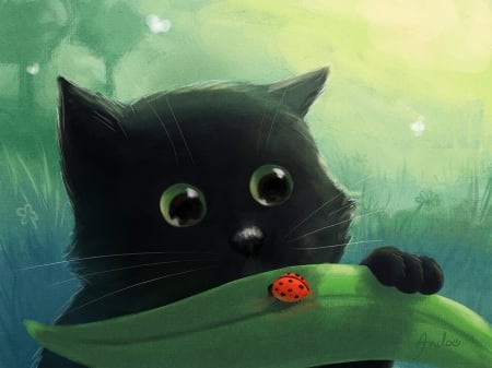 Curious - ladybug, cat, black, fantasy, paw, green, pisici, leaf, art