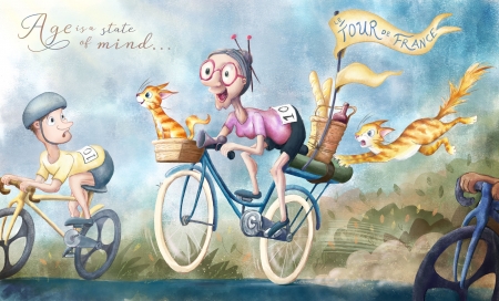 Age is a state of mind - summer, old woman, anda ansheen, cat, bike, fantasy, wind, art, vara