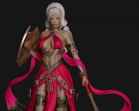 Fantasy girl - black, fantasy, warrior, da eun kim, girl, pink, shield