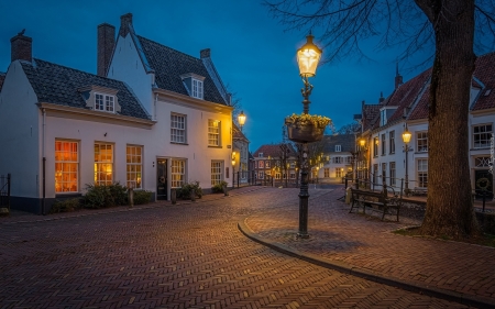 Amersfoort, Holland - street, town, lights, bench, dusk, houses, lantern