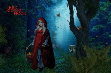 RED RIDING HOOD - animals, female, forest, red, wolf