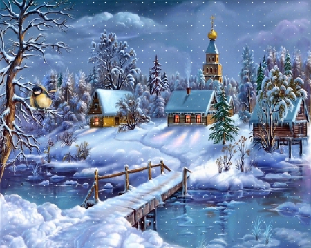 winter snows - house, river, snow, church, bridge