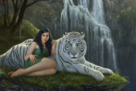 ♥ - summer, girl, tiger, white, waterfall, green, tigru, art, vara