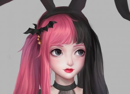 Bunny girl - black, fantasy, yanmin ji, ears, girl, face, pink, bunny