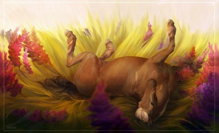 Dreaming among flowers - fantasy, emiliya shcherbak, summer, silentium est aureum, cal, flower, horse, vara