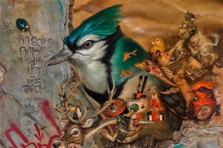:) - art, bird, surreal, greg simkins, painting, fantasy, pictura, red, bluejay, pasari