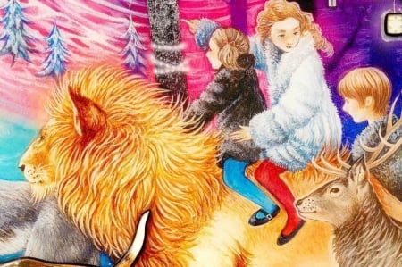 Journey to the Ice Palace (detail) - detail, blue, lue, children, pink, orange, kerry darlington, narnia, fantasy, red, lion, art, aslan