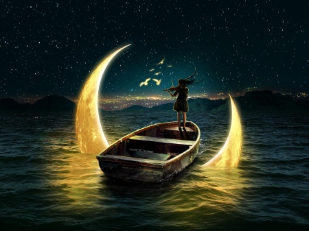 Moon symphony - moon, water, yellow, summer, boat, girl, sea, silhouette, fantasy, mohamed saber, art, vara, luminos