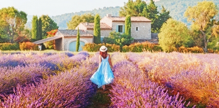 Lavender in Provence - France, lavender, beautiful, girl, village, flowers, lady, scent, woman, Provence, field, houses, peaceful, art